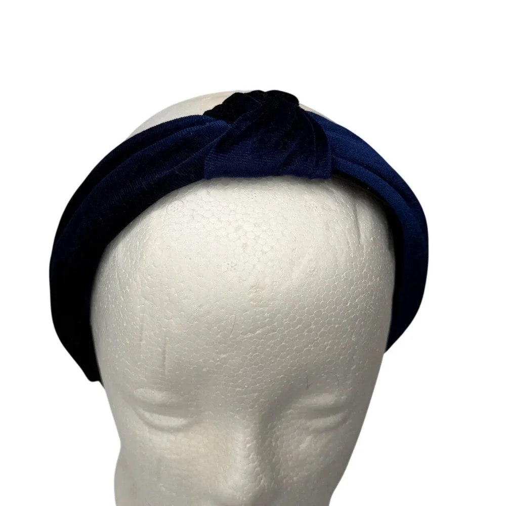 Navy Blue Velvet Top Knot Headband Women Classic Soft Turban Style Boho Chic